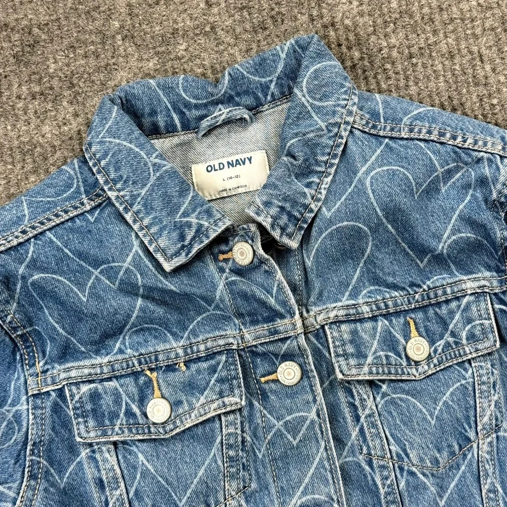 Old Navy Kids Blue Denim Heart Print Trucker Jacket Size L 10-12
